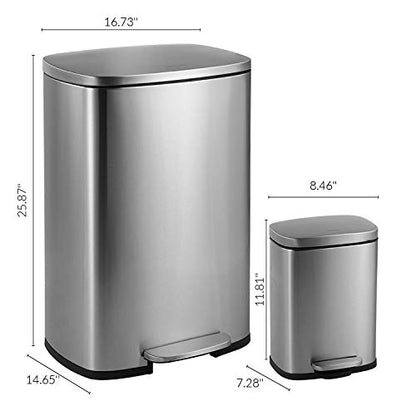 happimess Connor 2-Piece Stainless Steel Trash Can, Platinum Silver | 13.2 and 1.3 Gallons, Rectangular, Soft-Close Lid, Fingerprint Resistant, Step Pedal, 20 Liners, 26" and 12" Height - color: Stainless Steel