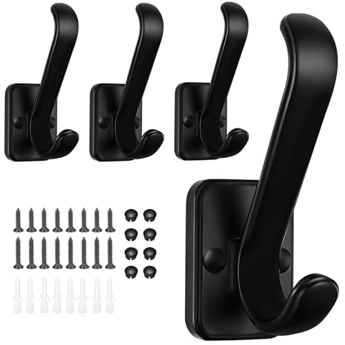 Coat Hooks Heavy Duty - Metal Wall Hooks Wall Mount with Concealed Screw Design Matte Black Hooks for Hanging Towel, Key, Robe, Scarf, Entryway Closet Mudroom Bathroom (4, Black)