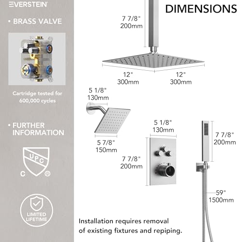 Ceiling Mount 12" High-Pressure Rainfall Shower Faucet, Dual Rainfall Shower Head System with Valve (Brushed Nickel) - color: Nickel, style: Ceiling Mount