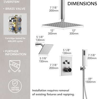 Ceiling Mount 12" High-Pressure Rainfall Shower Faucet, Dual Rainfall Shower Head System with Valve (Brushed Nickel) - color: Nickel, style: Ceiling Mount