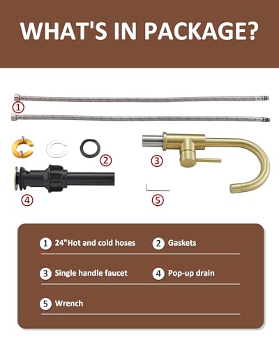 Tohlar Gold Bathroom Faucet with 2 Mode Sprayer | Single Hole Bar Sink Faucet, 360° Swivel, with Pop Up Drain, for Vanity RV Laundry - color: Brushed Gold