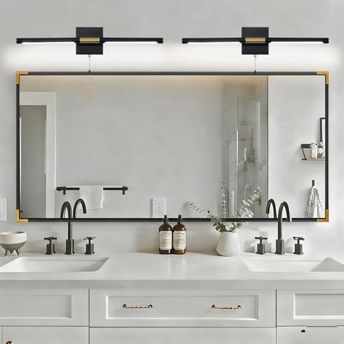 24 Inch Black and Gold Bathroom Vanity Light with Pull Chain Switch, Modern Over Mirror Wall Sconces Lighting, 6000K 360° Bath Light Fixture with Adjustable Lamp Tubes