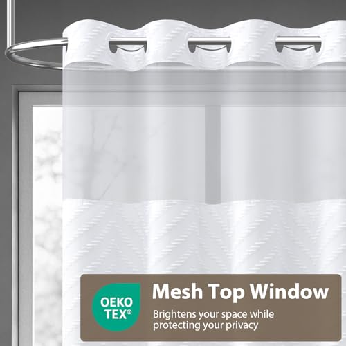 White Hook Free Chevron Shower Curtain & Fabric Liner,72x75 | Less Time to install, 3 in 1 Fabric Shower Curtain and Liner Set with Magnets, Mesh Top Window, Shower Curtains for Bathroom - color: A White, size: 72"W x 75"L (Pack of 1)