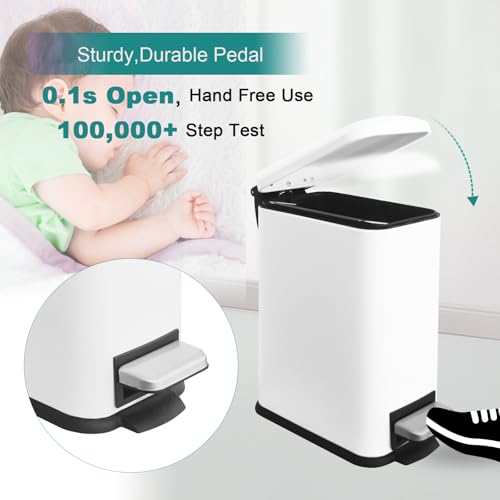 Bathroom Trash Can, Small Trash Can with Lid, White Garbage Gan | 1.3 Gal Trash Can, Stainless Steel, Small Garbage Can with Soft-Close Lid, Removable Inner Bucket, Slim Trashcan for Bathroom - color: White