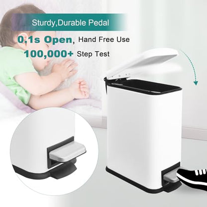 Bathroom Trash Can, Small Trash Can with Lid, White Garbage Gan | 1.3 Gal Trash Can, Stainless Steel, Small Garbage Can with Soft-Close Lid, Removable Inner Bucket, Slim Trashcan for Bathroom - color: White