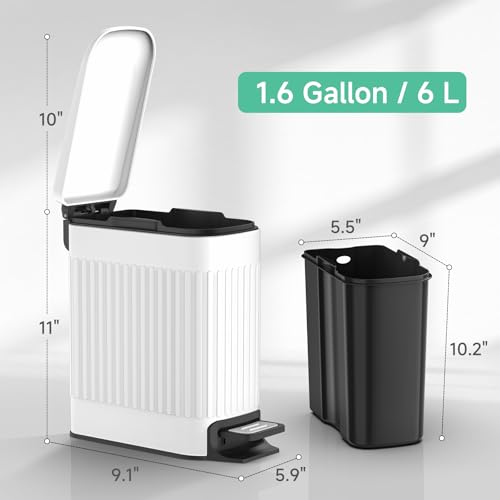 TIPGO Slim Bathroom Trash Can with Lid Soft Close, Step Pedal, 6 Liter / 1.6 Gallon Stainless Steel Trash Bin, Small Garbage Cans for Bedroom, Office, Kitchen (White) - color: White