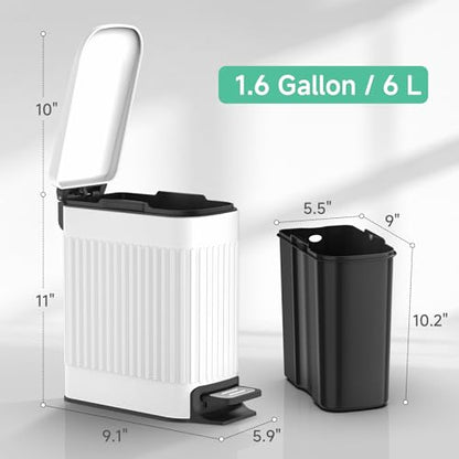 TIPGO Slim Bathroom Trash Can with Lid Soft Close, Step Pedal, 6 Liter / 1.6 Gallon Stainless Steel Trash Bin, Small Garbage Cans for Bedroom, Office, Kitchen (White) - color: White