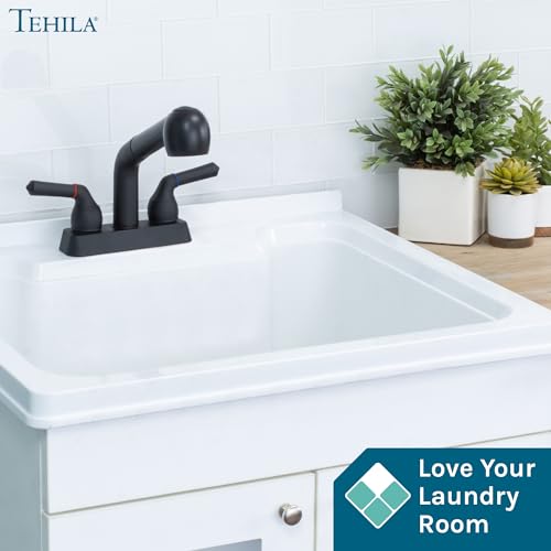 JS Jackson Supplies Dual Handle Pull Out Faucet, Black Finish, 4 Inch Center Set, Universal Utility Sink or Laundry Tub ABS Plastic Faucet with Spray Setting - color: Black