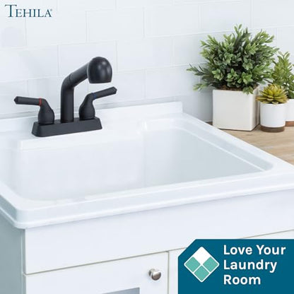 JS Jackson Supplies Dual Handle Pull Out Faucet, Black Finish, 4 Inch Center Set, Universal Utility Sink or Laundry Tub ABS Plastic Faucet with Spray Setting - color: Black