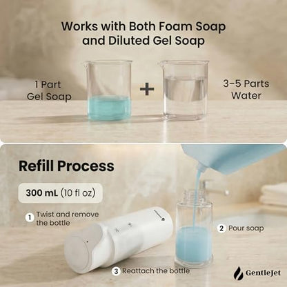 GentleJet CrystalJet Automatic Foam Soap Dispenser Stainless Steel, Touchless Sensor, USB-C Rechargeable, Waterproof, Modern Bathroom & Kitchen Sink, 300 ml - color: White
