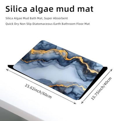 24x16 Diatomaceous Earth Bath Mat, Super Absorbent Soft Stone Bath Mat for Bathroom Floor, Quick Dry Non-Slip Shower Mat, Large Drying Mat for Kitchen Counter Blue Gold Marble Ink Art