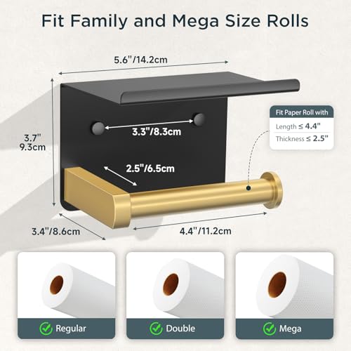 FORIOUS Toilet Paper Holder with Shelf, Adhesive or Screw, Black and Gold | Wall Mount Toilet Paper Roll Holder for Bathroom, Stainless Steel Commercial Toilet Tissue Roll Dispenser with Phone Shelf - color: Matte Black & Brushed Gold