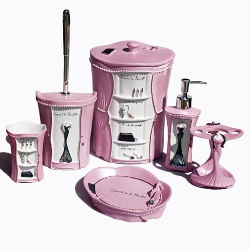 LUANT 6 PCS Bathroom Accessories Including Soap Dispenser, Soap Dish, Tumbler, Teethbrush Holder, Trash Can and Toilet Brush, Decoration for Girl's Bathroom, Countertop Oragnizer, Pink - size: 6PCS-PINK