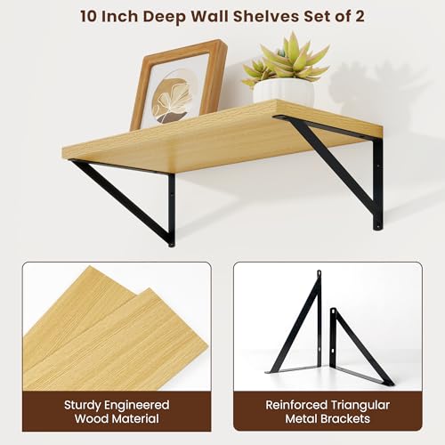 20 Inch Floating Shelves, 10 Inch Deep Oak Wall Shelves Set of 2 | 20'' x 10'' Rustic Wood Shelves with Heavy Duty Brackets, Deep Shelves for Bathroom, Living Room, Engineered Wood, 35LBS - color: Oak, size: 20W x 10D