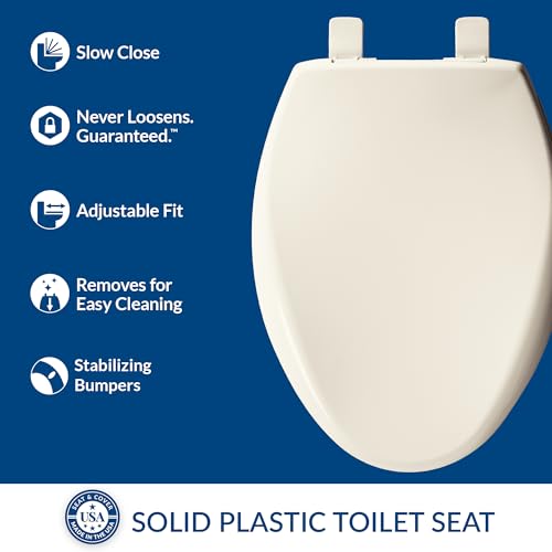 Mayfair Aurora Slow Close Toilet Seat, Easy Clean Hinges and Adjustable Perfect Fit Plastic Seat, Made in USA, Elongated, Biscuit - size: Elongated