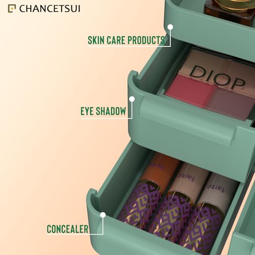Green Makeup Organizer Countertop for Vanity: Bathroom Counter Storage | Multi Compartment Skincare Box with Drawer for Desktop Dresser Table