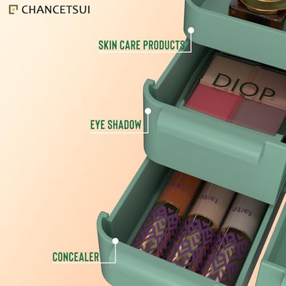 Green Makeup Organizer Countertop for Vanity: Bathroom Counter Storage | Multi Compartment Skincare Box with Drawer for Desktop Dresser Table