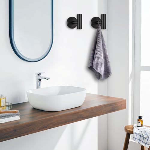 Matte Black Bathroom Hardware Set - Stainless Steel Wall-Mounted Toilet Paper Holder, Towel Ring & 2 Handy Hooks for Modern Bathroom Accessories | Rust-Resistant Towel Hook Set with Easy Installation
