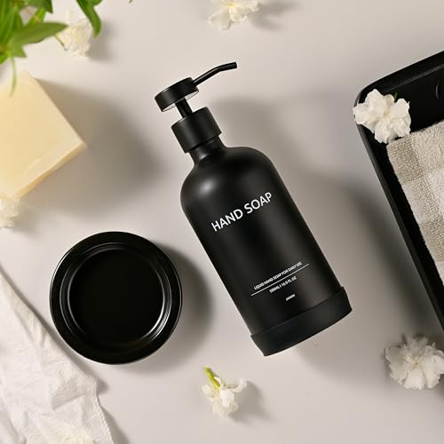 Glass Soap Dispenser Bathroom Set by Janxin, Foaming Kitchen soap Dispenser with Ceramic Tray for Dish Soap, Liquid Soap Dispenser for Hand Soap, Lotion, Body Wash (Black) - color: Black H