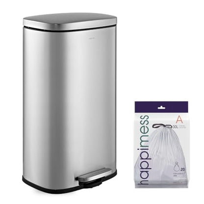 happimess Curtis 8 Gal Step Trash Can Soft Close 25", Platinum Silver | Stainless Steel, Fingerprint Resistant Satin Finish, Removable Liner, Steel Pedal, 20 Trash Bags Included, Kitchen Bin - color: Chrome