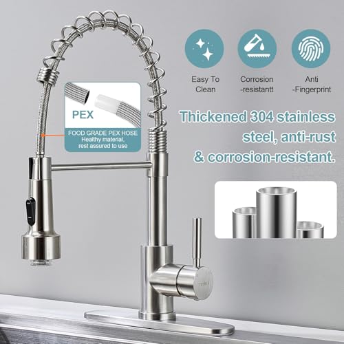 LED Kitchen Faucets with Pull Down Sprayer, Brushed Nickel Modern Single Handle Stainless Steel Pull Out Spring Sink Faucet with LED Light for RV Bar Farmhous Laundry Outdoor - color: Brushed Nickel, style: Classic-LED