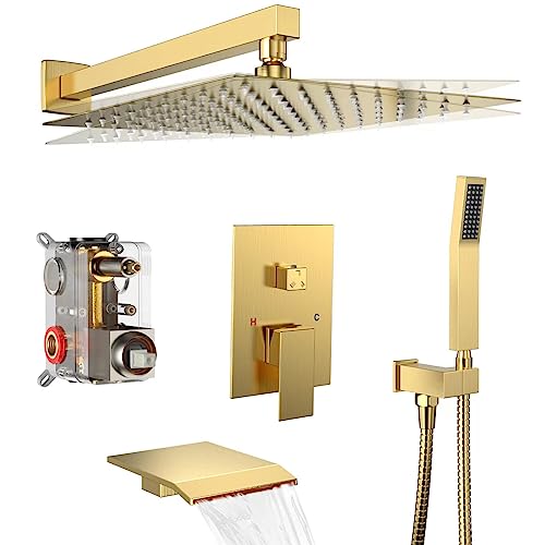 Brushed Gold Shower System Rain Faucet Set with Tub Spout, 12 inch | All-Metal Wall Mounted Bathroom Shower Faucet Set with Safe Pressure Balance Valve, Water Saving High Pressure Rainfall Head - color: Brushed Gold, style: 12in with Tub spout