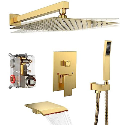 Brushed Gold Shower System Rain Faucet Set with Tub Spout, 12 inch | All-Metal Wall Mounted Bathroom Shower Faucet Set with Safe Pressure Balance Valve, Water Saving High Pressure Rainfall Head - color: Brushed Gold, style: 12in with Tub spout