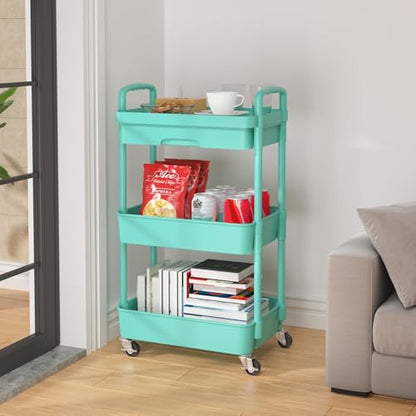 Calmootey 3-Tier Rolling Utility Cart with Drawer,Multifunctional Storage Organizer with Plastic Shelf & Metal Wheel,Storage Cart for Kitchen,Bathroom,Living Room,Office,Green | Space-Saving Organizer, Sturdy Plastic Shelves, Smooth-Rolling Metal Wheels,