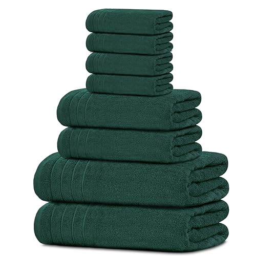 8 Piece Towel Set, 2 XL Bath, 2 Hand, 4 Washcloth, Hunter Green | 100% Cotton, Lighter Weight, Quicker to Dry, Super Absorbent, Perfect for Bathroom - color: Hunter Green
