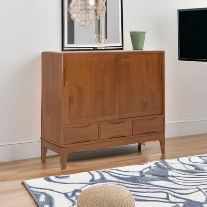 SIMPLIHOME Lowry 39" Wide Veneer and Metal Cabinet in Walnut Veneer - color: Teak Brown, size: 48 inch