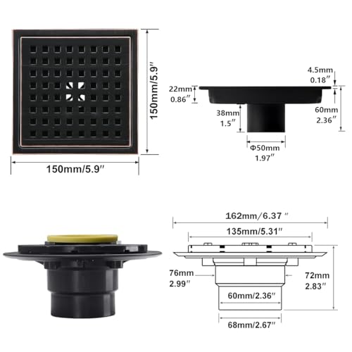RANDOM 6 Inch Square Shower Floor Drain with Oil Rubbed Bronze Removable Quadrato Pattern Grate, PVC Shower Drain Base Flange,Include Hair Strainer,SUS 304 Stainless Steel - color: C-oil Rubbed Bronze-6″ Square With Base Flange