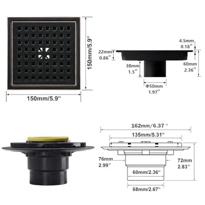 RANDOM 6 Inch Square Shower Floor Drain with Oil Rubbed Bronze Removable Quadrato Pattern Grate, PVC Shower Drain Base Flange,Include Hair Strainer,SUS 304 Stainless Steel - color: C-oil Rubbed Bronze-6″ Square With Base Flange