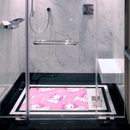 Non Slip Bathtub Mat Axolotl Print Pink Bathroom Shower Tub Mats with Suction Cups and Drain Holes for Kids and Adults 15.7x27.9 in