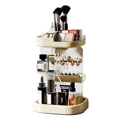 360 Spinning Rotating Makeup Organizer for Vanity with Adjustable Trays Lipstick Earring Storage Makeup Desk Storage Carousel Rack, Cosmetic Display Cases for Dresser Bathroom Holder (Cream)