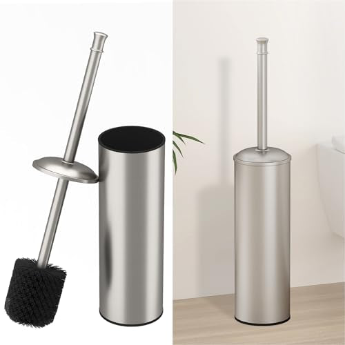 Toilet Brush and Holder, Toilet Cleaner Bowl Set with Two Brush with Extra Long Handle, Durable Bristles Toilet Scrubber and Covered Holder, Drip-Proof Stainless Steel Brushed Nickel - color: Brushed Nickel