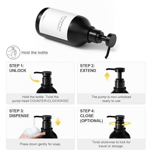 Refillable Shampoo and Conditioner Dispenser Set of 3 - Wall Mounted No Drill Pump with Bottles, 3 Chamber for Shower Soap and Body Wash Dispensers with Labels, Matte Black Bottle for Bathroom (16oz)