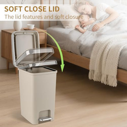 UUJOLY Small Bathroom Trash Can with Lid Step Pedal, 2.6 Gallon, Khaki | Soft-Close Sturdy Garbage Can + 3 Rolls Trash Bags, For Bathroom, Kitchen, Bedroom, Office, Dorm, Laundry, RV - color: Khaki