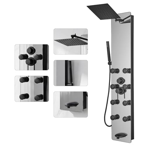 Shower Panel - Adjustable Rainfall Head, Black | Stainless Steel and Glass, Multifunction Shower Panels Tower System, Handheld Shower 2-Setting Body Jets, Tub Spout - color: Black, style: 4 IN 1 Shower Panel