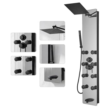Shower Panel - Adjustable Rainfall Head, Black | Stainless Steel and Glass, Multifunction Shower Panels Tower System, Handheld Shower 2-Setting Body Jets, Tub Spout - color: Black, style: 4 IN 1 Shower Panel