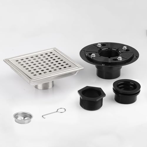 Square Shower Drain Silver Brushed 6 in with Removable Grid Panel | AISI 304 Stainless Steel Shower Floor Drain with Detachable Hair Catcher Flange Lifting Hook Fits Bathroom Balcony Kitchen - color: Stainless Steel, size: 6 inch+Base