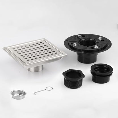 Square Shower Drain Silver Brushed 6 in with Removable Grid Panel | AISI 304 Stainless Steel Shower Floor Drain with Detachable Hair Catcher Flange Lifting Hook Fits Bathroom Balcony Kitchen - color: Stainless Steel, size: 6 inch+Base