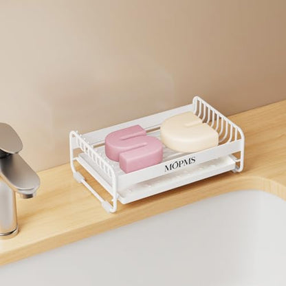 MOPMS Soap Dish for Shower, Carbon Steel Bar Soap Holder with Drainage | Durable Soap Saver with Water Tray for Bathroom, Kicthen Sink and Countertop - color: White
