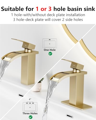Brushed Gold Waterfall Bathroom Faucet 1-Handle Vanity Faucet | Stainless Steel Modern Bathroom Sink Faucet,Pop-Up Drain, Supply Lines 6-in Deck Plate, 1- or 3-Hole, NSF Certified - color: Light Gold