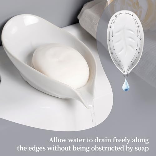 Soap Holder, Self-Draining Soap Dish, White Leaf Shape Ceramic Bar Soap Holder Drain Soap Dishes for Bathroom Sink Kitchen, Easy to Clean Keeps Soap Dry, ANTIS'S HOME - color: White-enhanced Drainage-1pcs