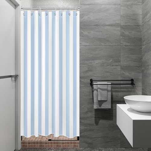 LB Blue Striped Small Stall Shower Curtain 48 x 68 inch, Blue and White Half Size Shower Curtain Liner, Stripe Narrow Shower Curtains for Bathroom Decor, 48 inch Fabric Shower Curtains Set with Hooks - color: White Blue, size: 48"W x 68"L (Pack of 1)