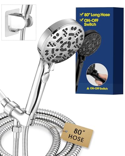 Handheld Shower Head with 6.56ft Extra Long Hose, On Off Switch 8-Seting High Preesure Hand Held Showerhead, Low-Reach Adhesive Holder for Kid, Disable& Elder (Chrome) - color: Chrome