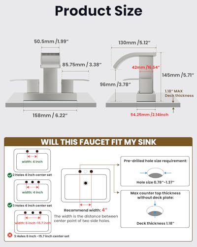 gotonovo Waterfall 4’’ Centerset Bathroom Sink Faucet Brushed Nickel | 2 Handle Bathroom Faucet,SUS304,2 or 3 Hole,2.17’’ Wide Spout,24’’ cUPC Water Line,Pop Up Drain,Vanity,RV,Lavatory Modern Tap - color: Nickel