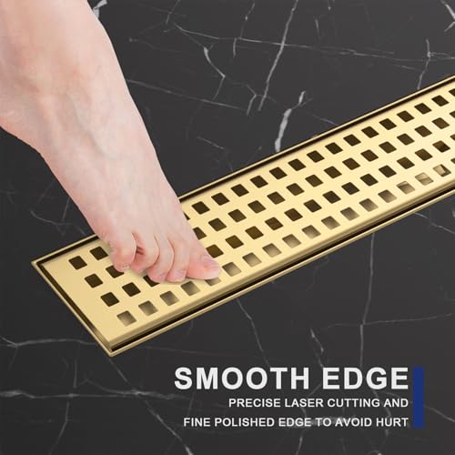 48 Inch Linear Shower Drain - Brushed Gold, with Removable Grate | AISI 304 Stainless Steel Shower Drain, Long Rectangle Shower Floor Drain with Adjustable Feet, Fits Bathroom & Balcony etc - color: Brushed Gold, size: 48 in