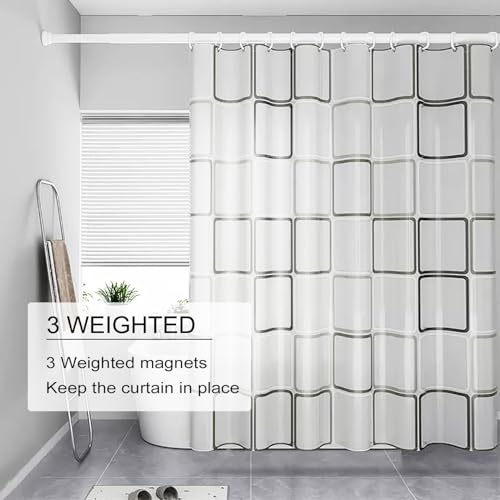 TIKABC Shower Curtain Liner, 4G PEVA Shower Liner, Plastic Waterproof Shower Curtains, with Grommet Holes and 3 Magnetic Weights(Black White Big Square) - color: Black White Large Squre