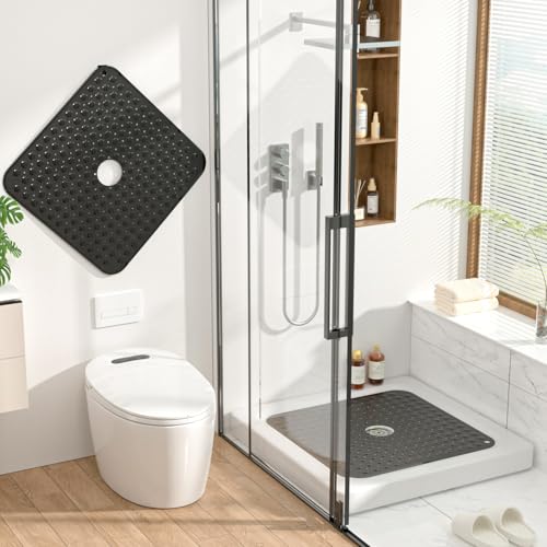 HITSLAM Square Shower Mat, Non Slip PVC Stall Mat, 24"x24", Black | Power Grip Suction Cups, Center Drain Hole, Built-In Hanging Holes, Machine Washable Bathroom Floor Mat, Soft On Feet - color: Smoked Black